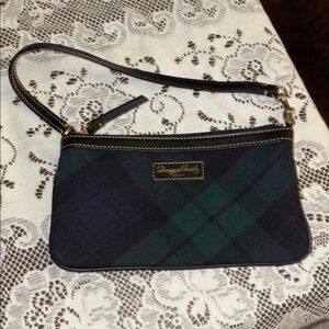 Dooney & Bourke Tartan Navy & Green Plaid Wristlet/Pouchette black leather trim